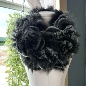 Bloomingdale’s Luxurious Black and Gray Rabbit Fur Infinity Cowl Neck Scarf